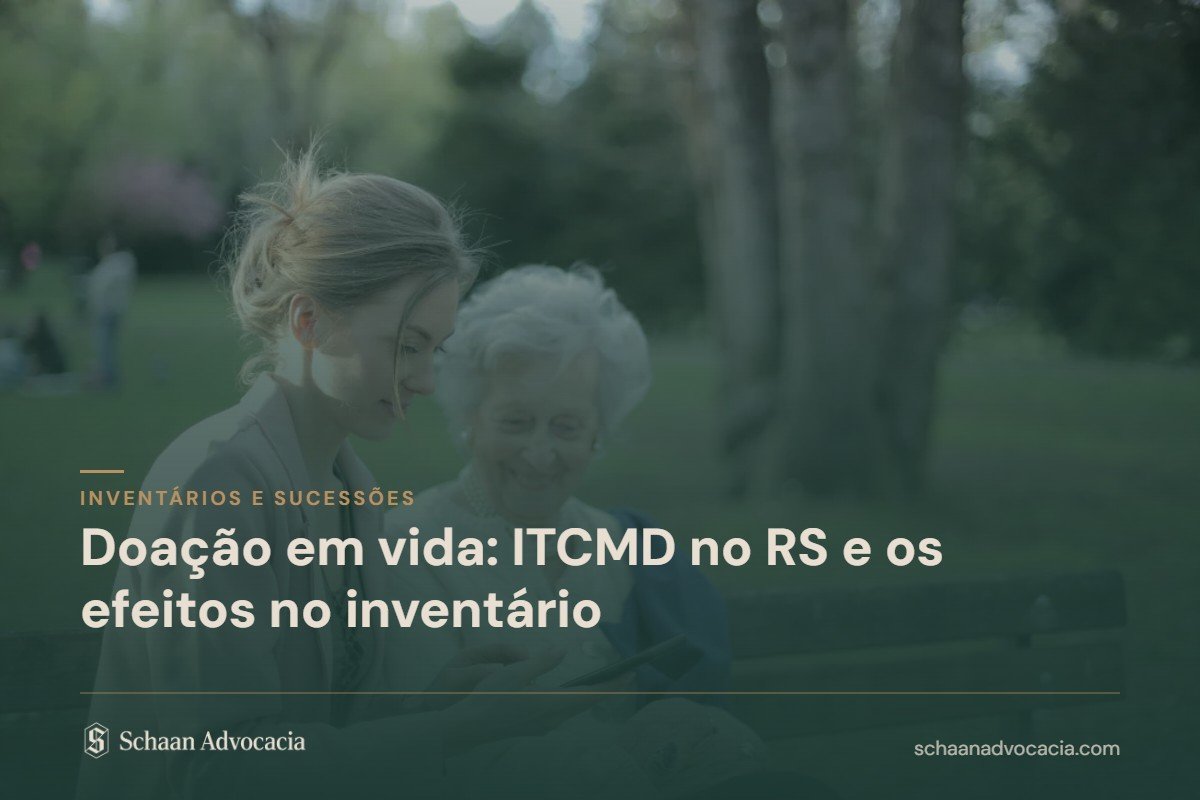 Mulher jovem e senhora conversando num banco de parque, sob a chamada Doação em vida: ITCMD no RS e os efeitos no inventário