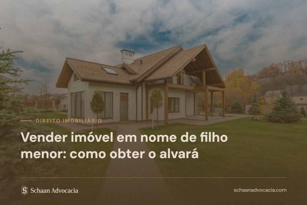 Casa com jardim sob véu marrom, com o título do artigo sobre alvará para venda de imóvel de filho menor